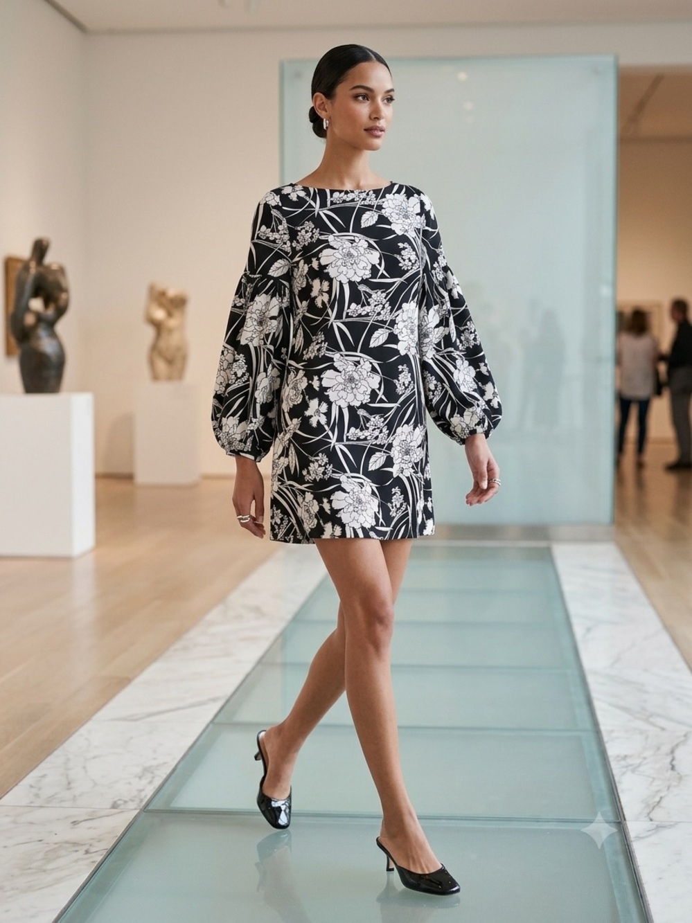 bryn Walker Black & White Floral Balloon-Sleeve Mini Dress